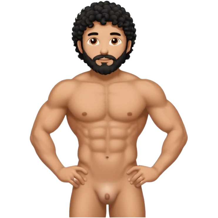 Latino male, black curly hair with beard. He is standing naked posing  emoji