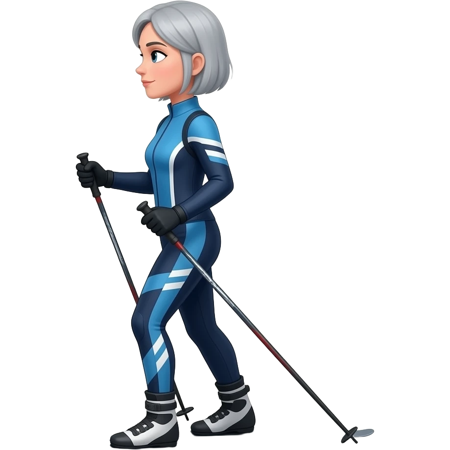 woman with grey bob haircut nordic walking, pole in each hand, hole body view side view, no skis emoji