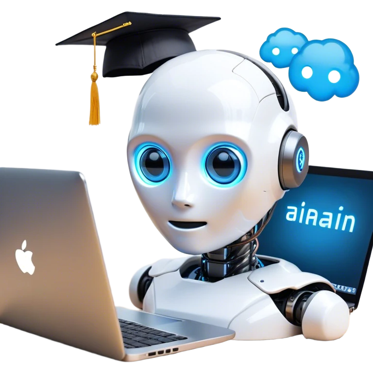 A combination of emojis representing artificial intelligence skills. A small humanoid robot head (🤖) with glowing blue eyes, a brain icon (🧠) beside it, and a laptop (💻) underneath, symbolizing AI-powered computing. Above the robot, a graduation cap (🎓) hovers slightly, indicating learning and education in AI. Small digital sparks or circuit-like patterns connect the elements, creating a futuristic and tech-inspired emoji style. The background is plain white emoji