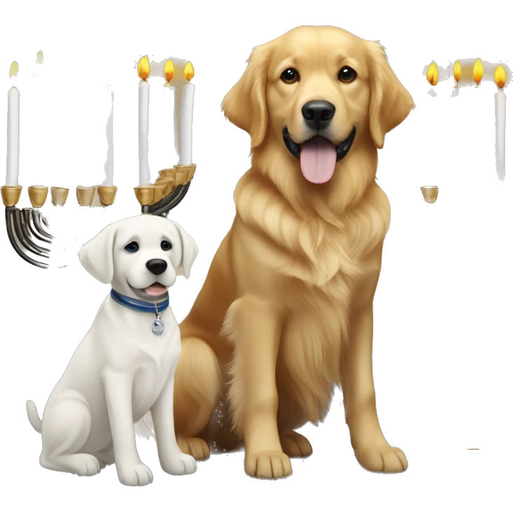 golden retriever and black and white labrador next to menorah  emoji