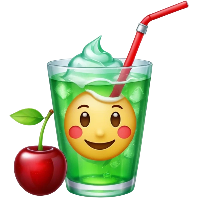 Create an emoji with a very clear rounded glass and ice, bright transparent green soda , a smooth vanilla scoop circle shape, a glossy red cherry, using vibrant colors, soft shading, and clear glass highlights.
 emoji