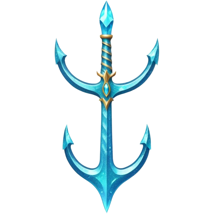 Cyan Poseidon's trident with glitter and water effects around it. emoji