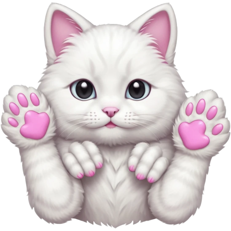 white cat fluffy paw, view from the top, pink nails, cute emoji