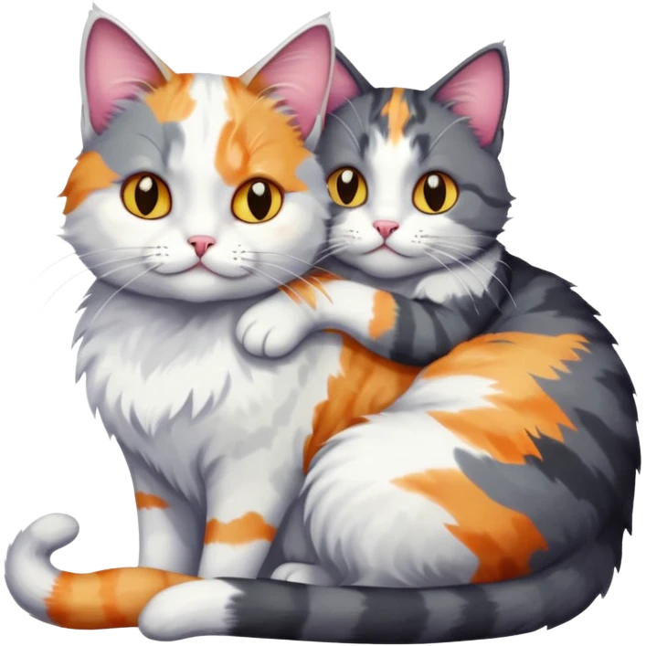 full body dark grey and white cat cuddling a colourful light patched calico + white tabby cat  emoji