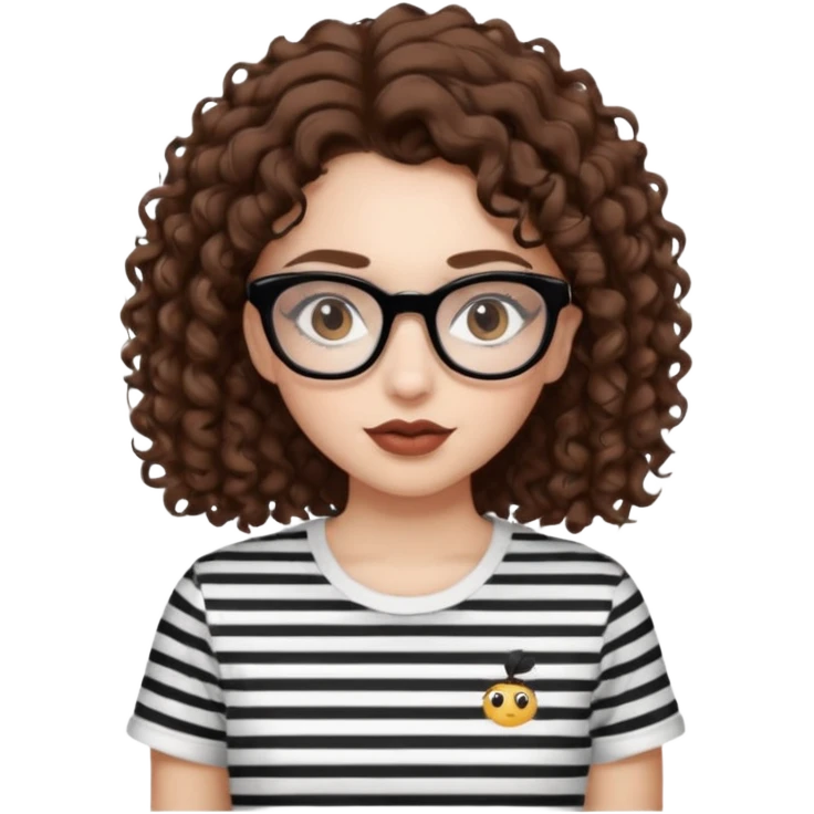 I want to describe me. I am a girl with brown hair amd curly hair. I have brown eyes and black glasses and long lashes with mascara. My lips are medium and my nose as well. I wear a white T-shirt  with black stripes. I am white skin with long curly hair emoji