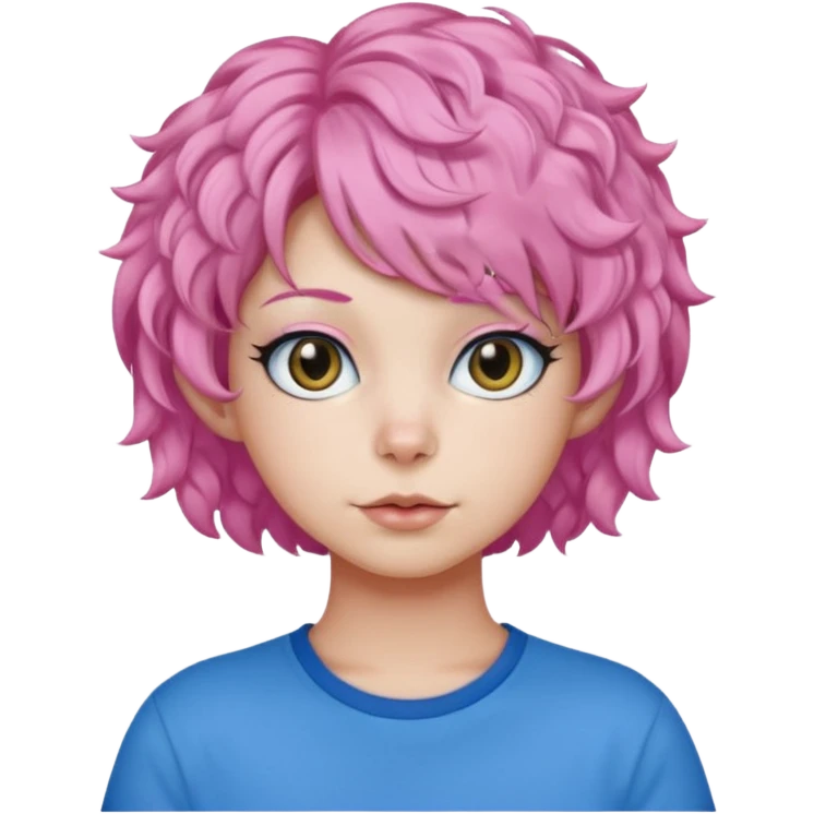 a Black cat wearing a short curly pink hair wig, blue T-shirt emoji