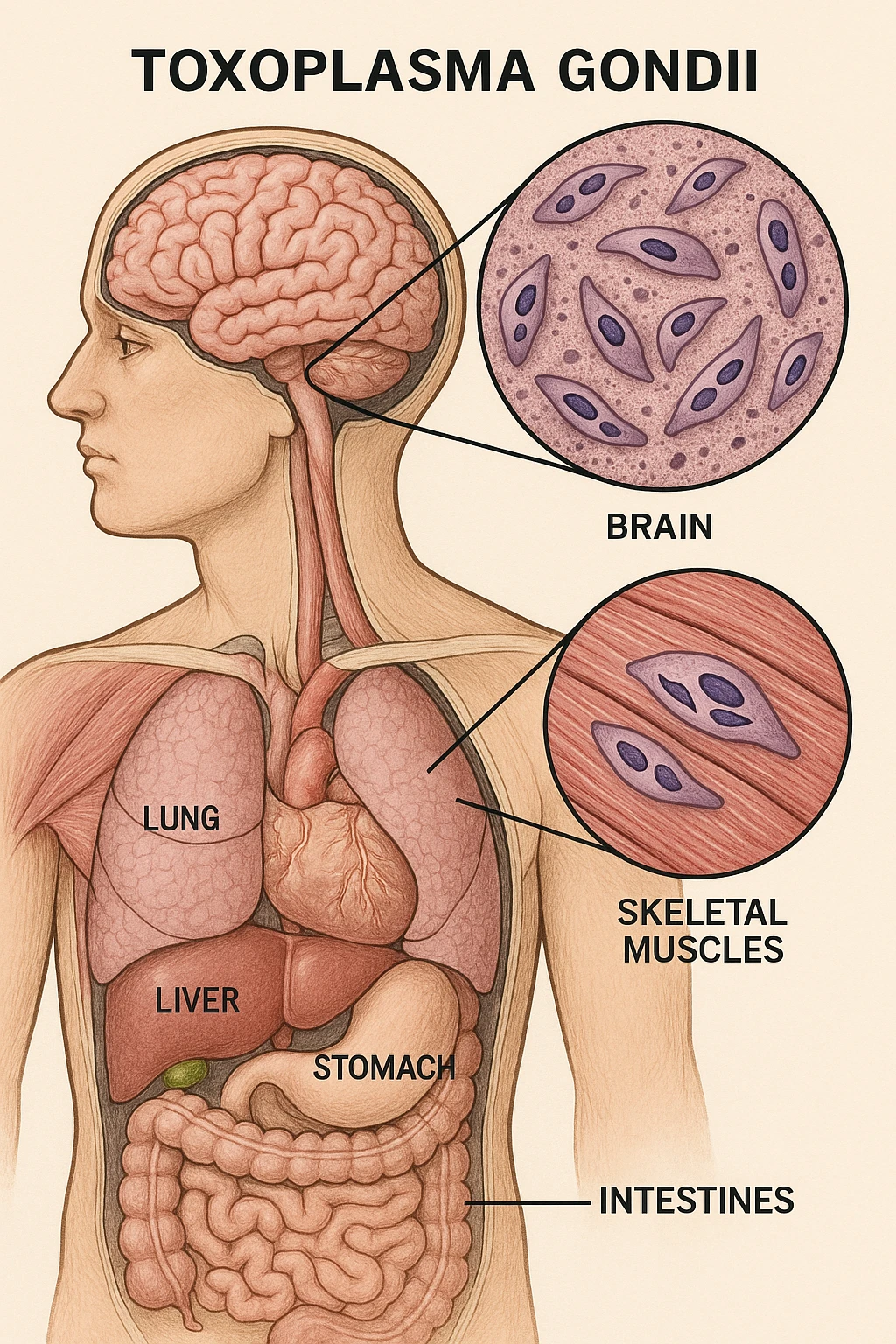 Toxoplasma gondii, visto all'interno di un corpo anatomico emoji