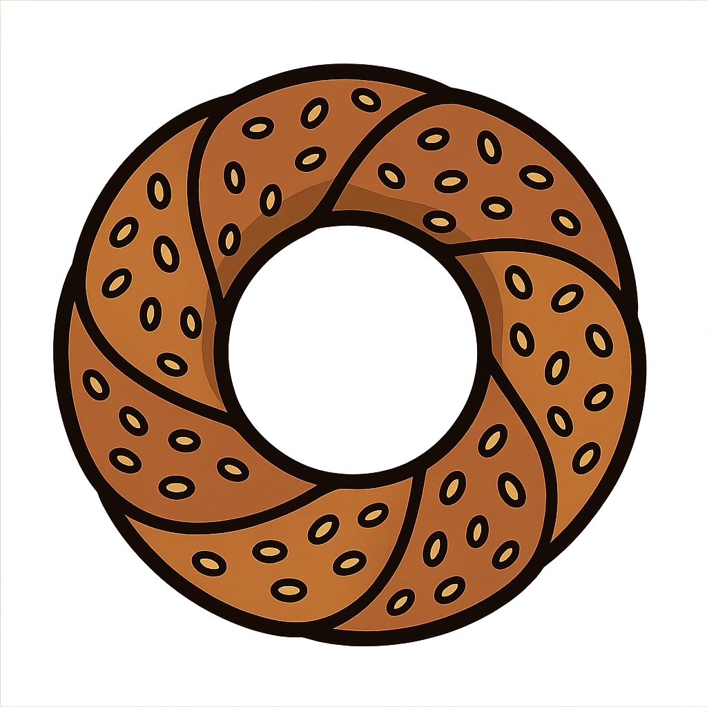 flat icon simit bread, round with hole in the middle, sprinkled with sesame seeds, bold outline, warm brown tones emoji