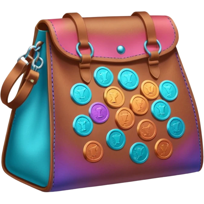 coins  inside a brown leather bag Coins color -in gradient of turquoise, blue, pink, purple, and coral emoji