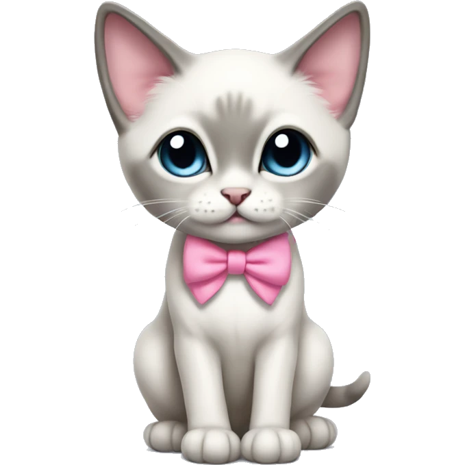 kawaii white and gray siamese kitten with pink bow full body emoji