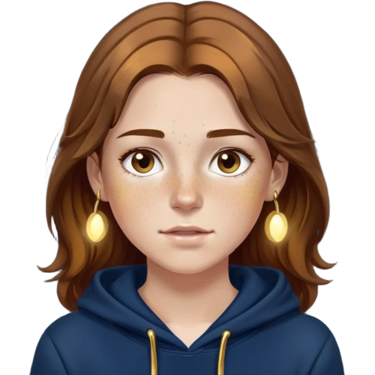 Girl with brown hair and gold lights in her hair and a navy blue hoddie, with freckles emoji