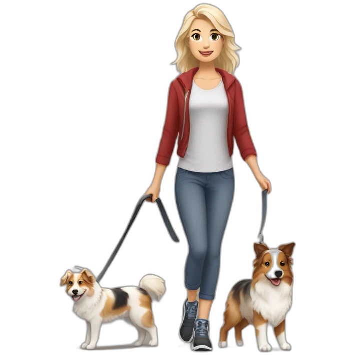 woman with middellanght blond hair and red merle Australien Shepherd going for a Walk emoji