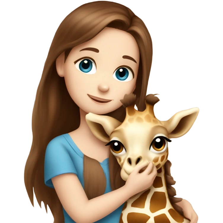 long brown hair girl with blue eyes cuddling a cute baby giraffe emoji