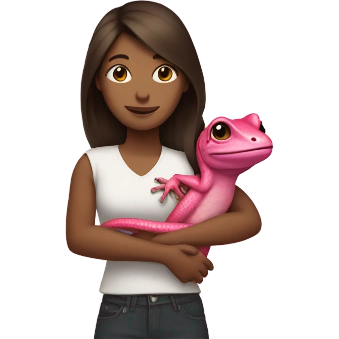 White female with dark brown hair hugging a pink lizard  emoji