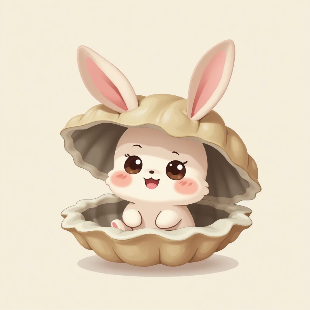 cute oyster, surprised expression, cream color, pink cheeks, doe eyes, greige shell, photorealistic style emoji