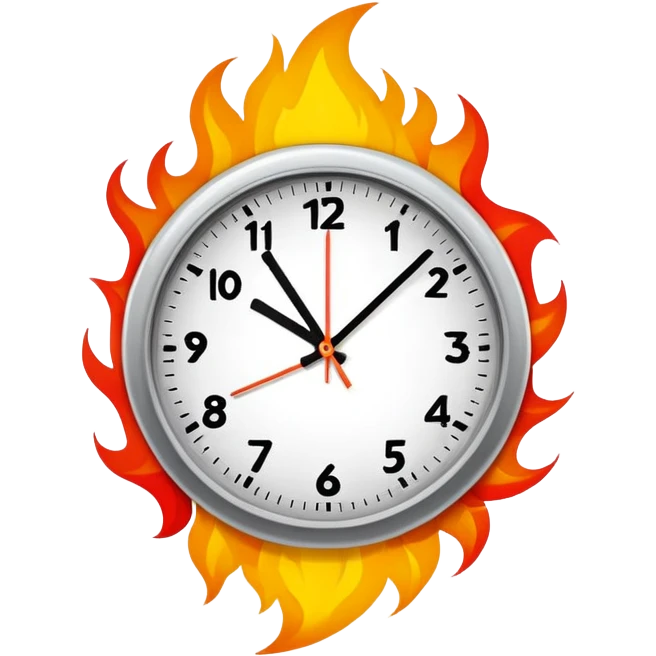 classic round clock engulfed in vivid flames, simple shapes emoji