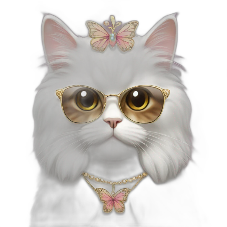 Persian cat wearing a tiara, sunglasses, and necklace with a butterfly shaped pendant emoji