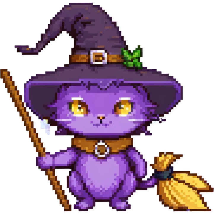 purple witch cat with a broom emoji