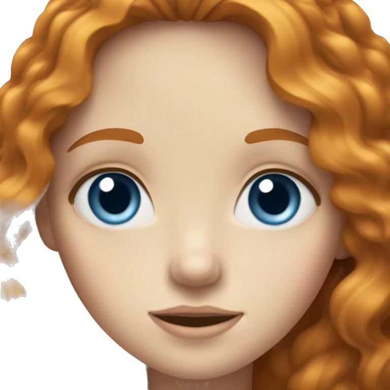 pale girl with long wavy ginger hair, blue eyes with brown spot in one eye emoji