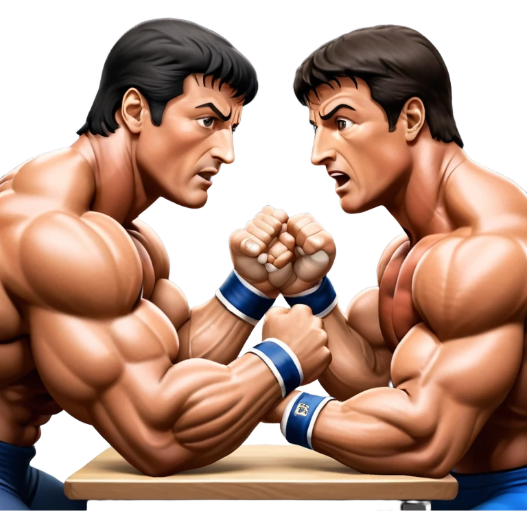 Iconic scene from the movie Over the Top, featuring Sylvester Stallone in a fierce arm wrestling match, symbolizing powerlifting. Stallone flexes his muscles while gripping the arm of his opponent, the intense battle for strength showcased with dramatic lighting. Transparent background. emoji