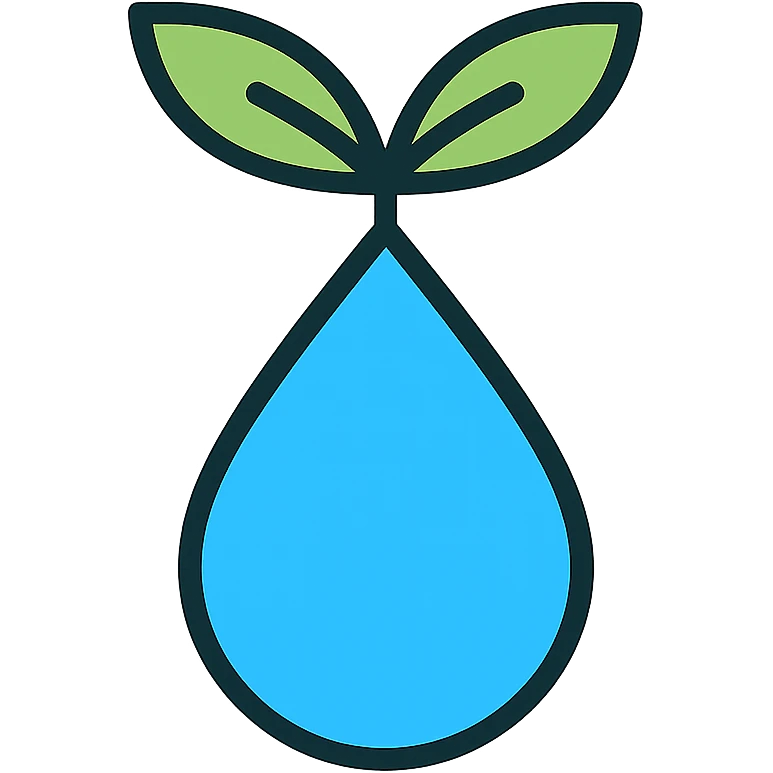 stylized icon of a water droplet with a leafy stem, outlined in black with color fills, vibrant icon style emoji
