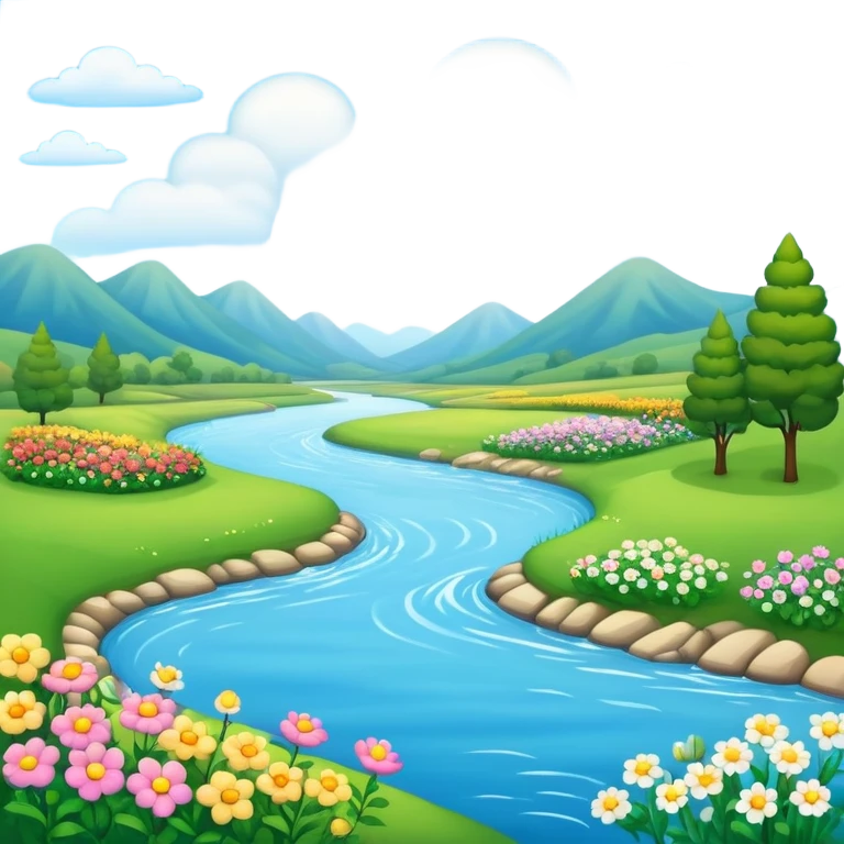 landscape with river, flowers, and clouds emoji
