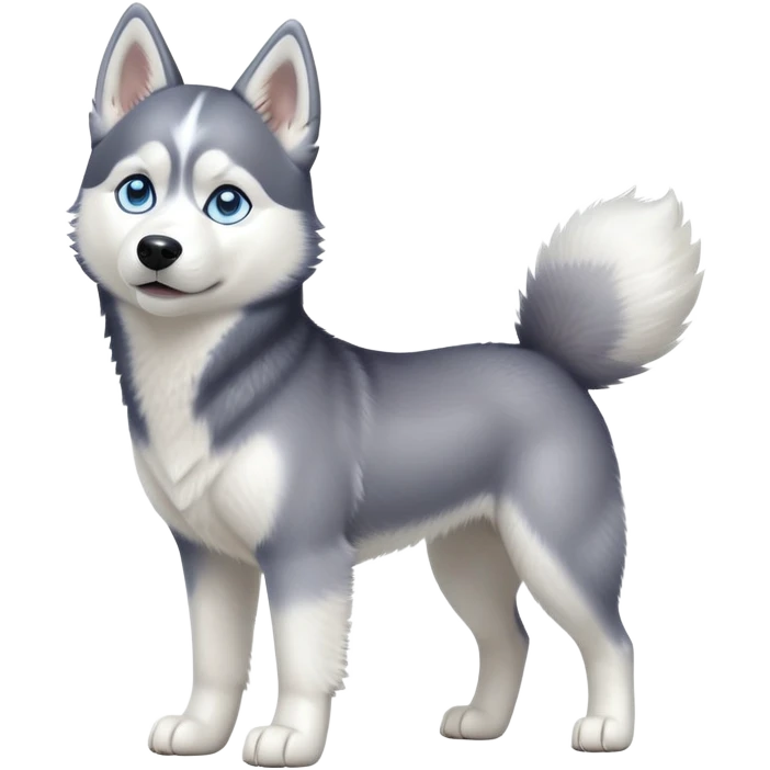 cinematic-[siberian husky]-realistic-full-body-standing-emoji,-tail-resting-loosely-beside-its-paws,blue eyes-head-tilted-dramatically, -fluffy-[grey and white]-fur,-simplified-yet-realistic-focused-features,-highly-detailed,-glowing-with-an-almost-sarcastic-glow emoji