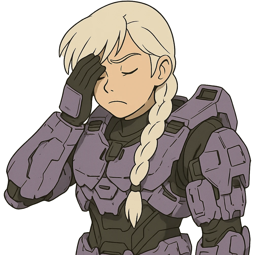 female, wearing reach spartan armor shoulder-unequip, long white braid hair with massive messy front side single bangs, gold yellow eyes, attention pose, HALO:series, no helmet, the armor is lavender color scheme, facepalm, smh, eyes closed emoji