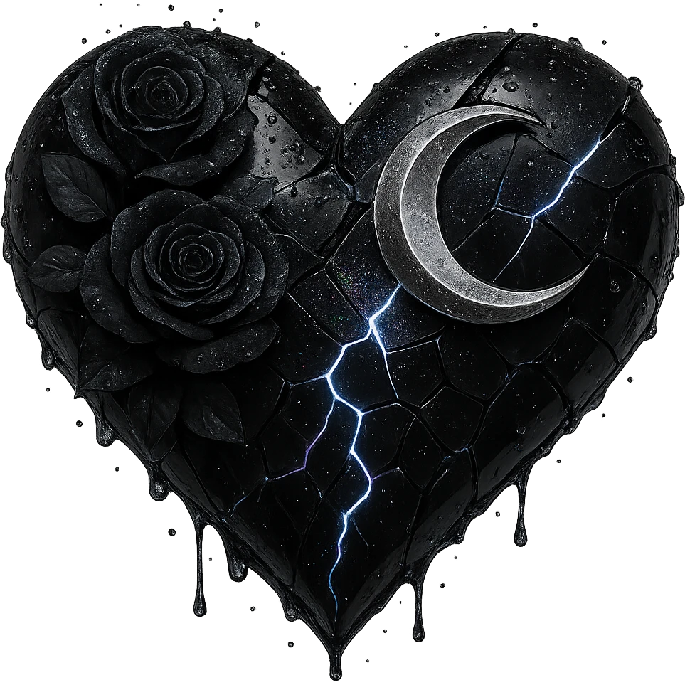 Edit the gothic heart to feature splintered deep black glass, silver crescent moon, black roses, holographic stardust, neon lightning, and a wet look. Keep the background transparent. emoji