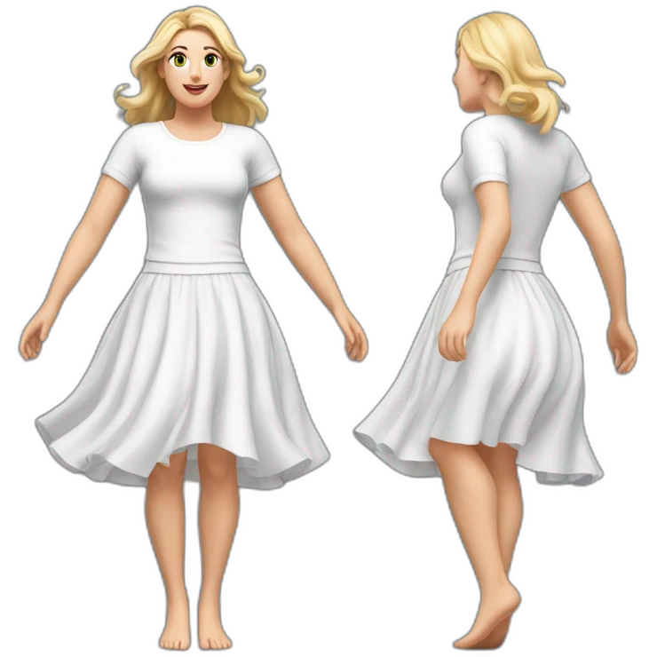 Hyperrealistic Full body Caucasian curvy beauty jumping white skirt back and front views strong wind emoji