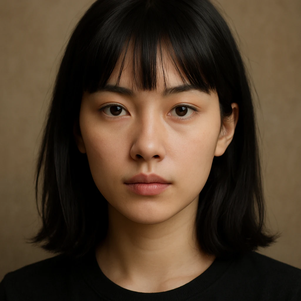 portrait of a girl with black shoulder-length hair, bangs, black almond-shaped eyes, full lips, and straight nose emoji