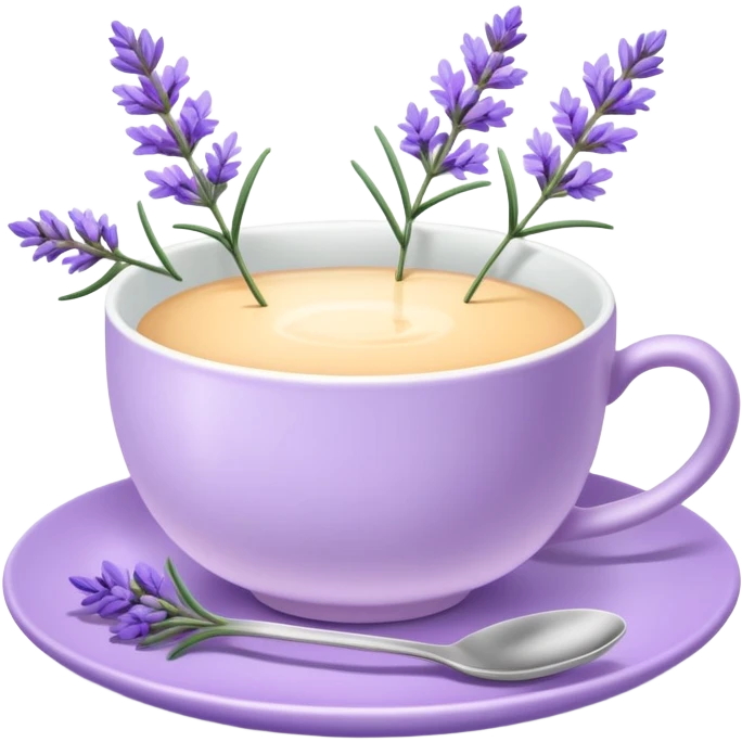 White teacup on a pastel purple plate, lavender flowers on the side, pastelcore aesthetic emoji