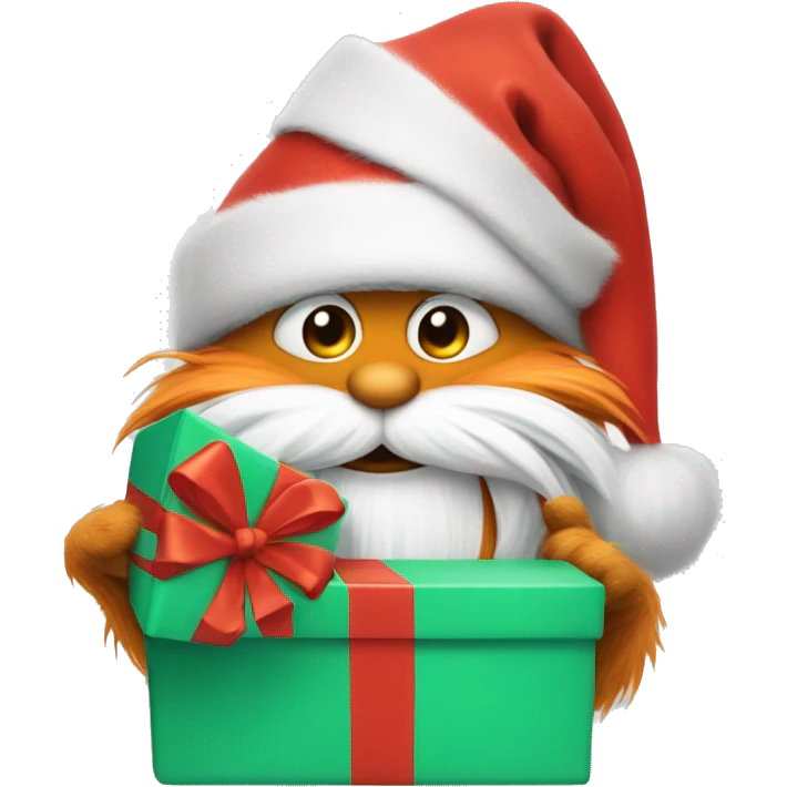 the Lorax holding a Christmas present wearing a Santa hat emoji