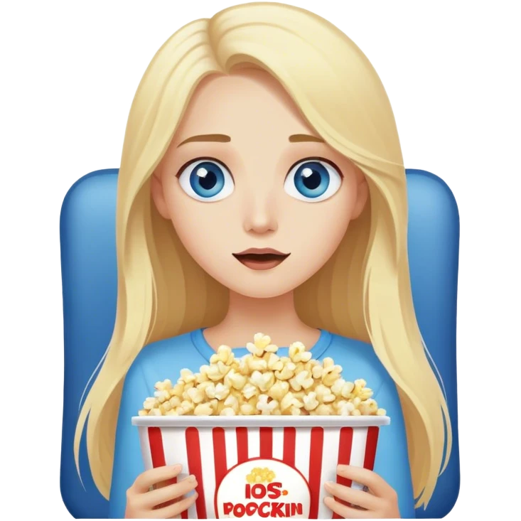 Cinematic realistic blonde with long hair, blue eyes watching TV and eating popcorn emoji
