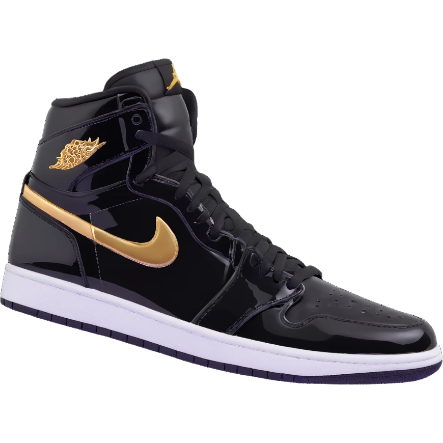 Jordan 1 sneaker, patent leather black material with a metallic gold swoosh emoji