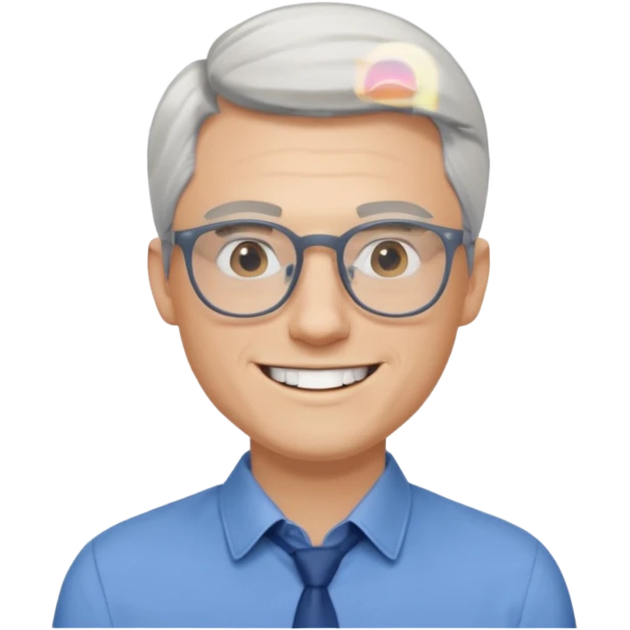 30 yr old pale white man, white/grey side swept stylish hair, round glasses, big smile, white teeth, handsome, longer hair, thin glasses, blue dress shirt emoji