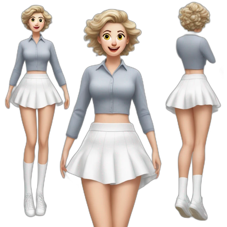 Hyperrealistic Full body Caucasian curvy beauty jumping short white skirt back and front views strong wind knickers long white socks emoji