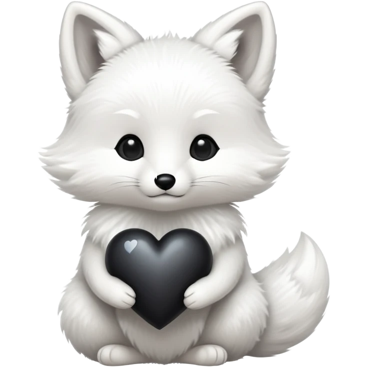 Baby white fox holding a black heart emoji