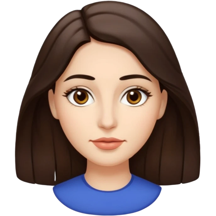A woman emoji with fair skin, slightly wavy dark brown hair parted in the middle, an oval-shaped face, arched dark eyebrows, almond-shaped brown eyes, a small straight nose, and full lips. emoji