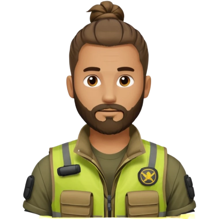 emoji of a man with a man bun, beard, tactical vest, no glasses emoji