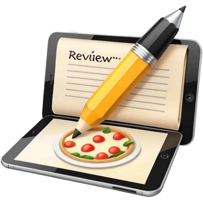 3D icon symbolizing writing a review and sharing opinions, food app context, single object, modern and clean style, soft lighting, isolated, no background emoji