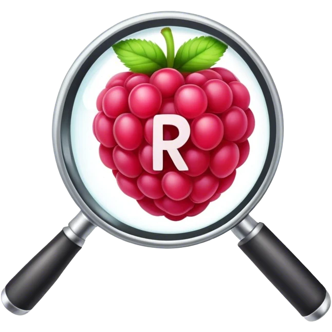 A raspberry R letter holds a magnifier emoji