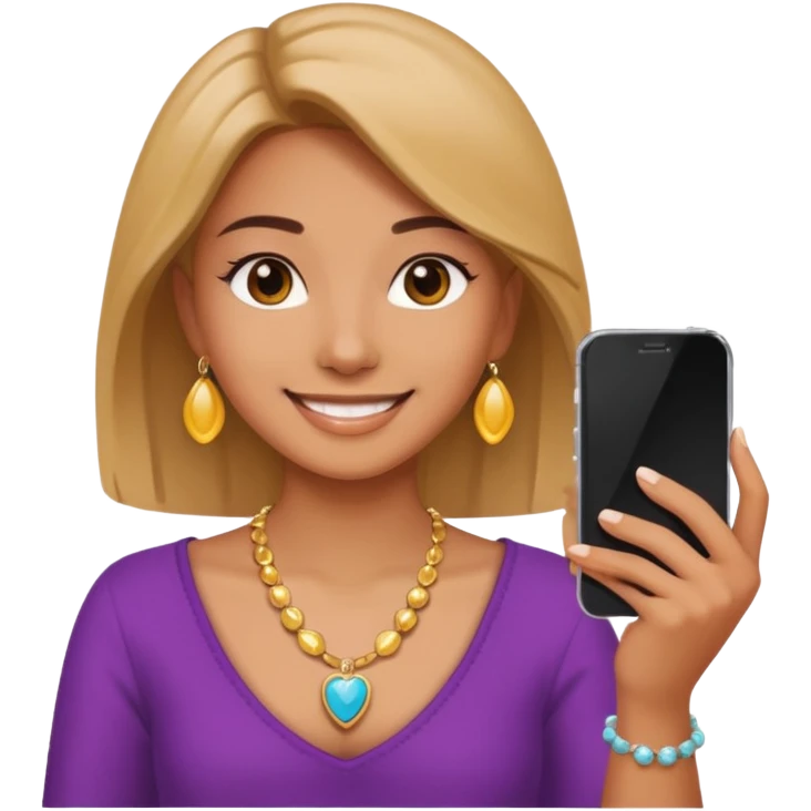 young woman with phone in her hand, happy, selfie style. @emoji emoji