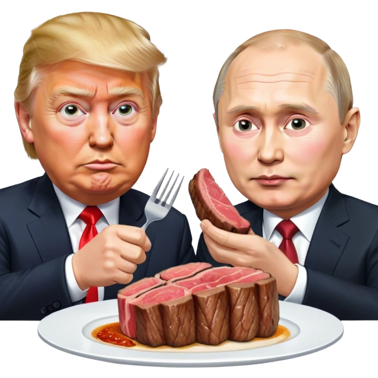 photorealistic Donald Trump and Putin eating a steak shaped like an piece of land emoji