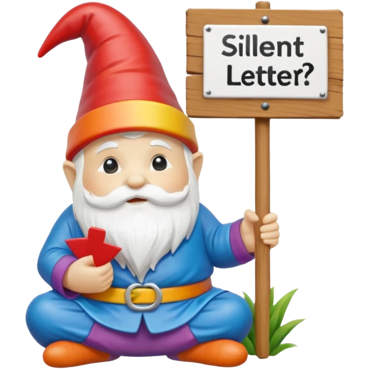 A zen rainbow garden gnome, holding sign "Silent Letter Day, who's with me?” emoji