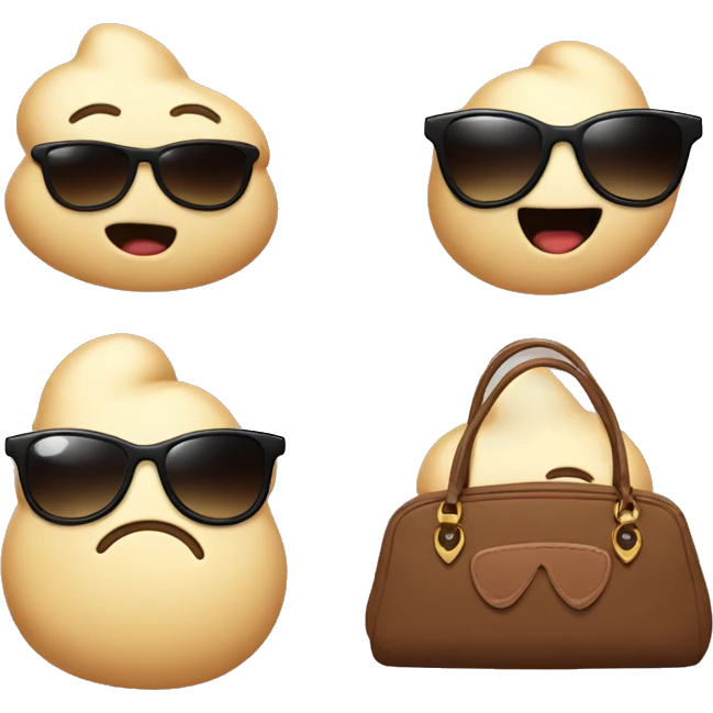 A poop with sunglasses, a kissy face, flipping the bird, and a handbag emoji