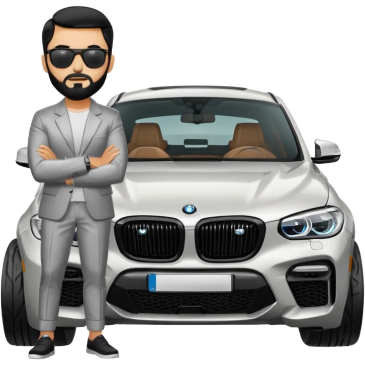 A man with black hair and beard standing next to his silver grey BMW X4 M competition with sunglasses and slick hair emoji