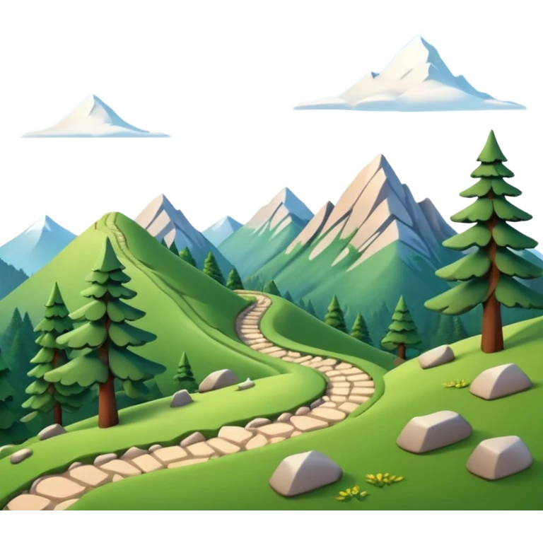 A 3D cartoon mountain trail winding up green slopes with stones and pine trees, distant peaks in background, warm daylight, Memoji-style. emoji