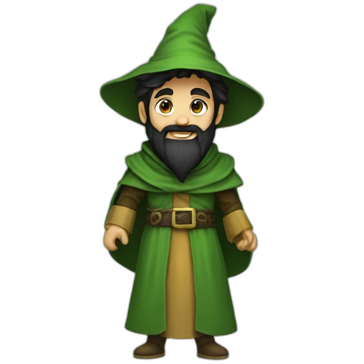 Little mage. Happy. Green cloths. Young look. Black beard.  emoji