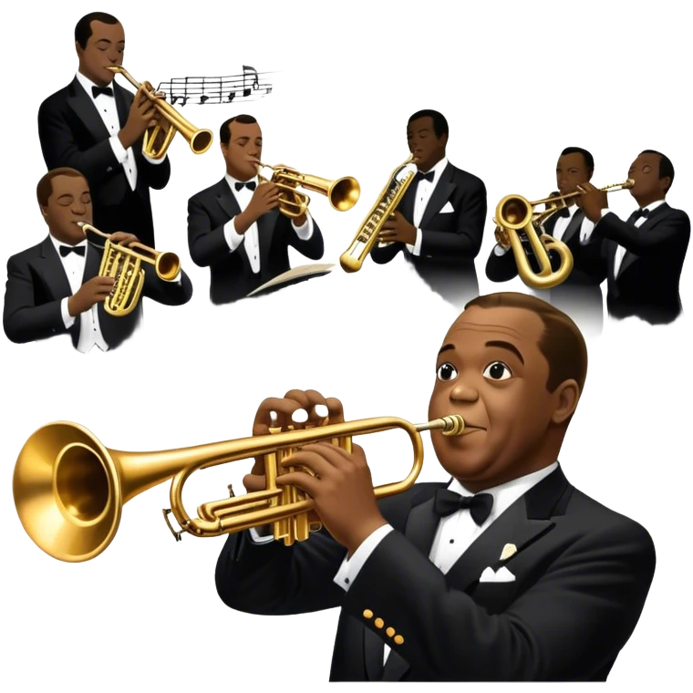 Icon for Jazz Music: collage of Louis Armstrong with his trumpet and Glenn Miller with his orchestra. Silhouettes of musicians, brass instruments, and musical notes. The design should convey the classic, smooth vibe of jazz. Transparent background. emoji